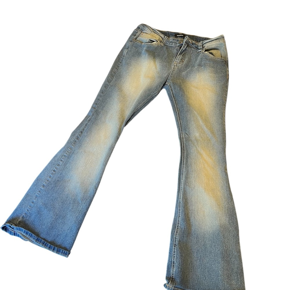 Blue Bootcut Jeans with Distressed Details